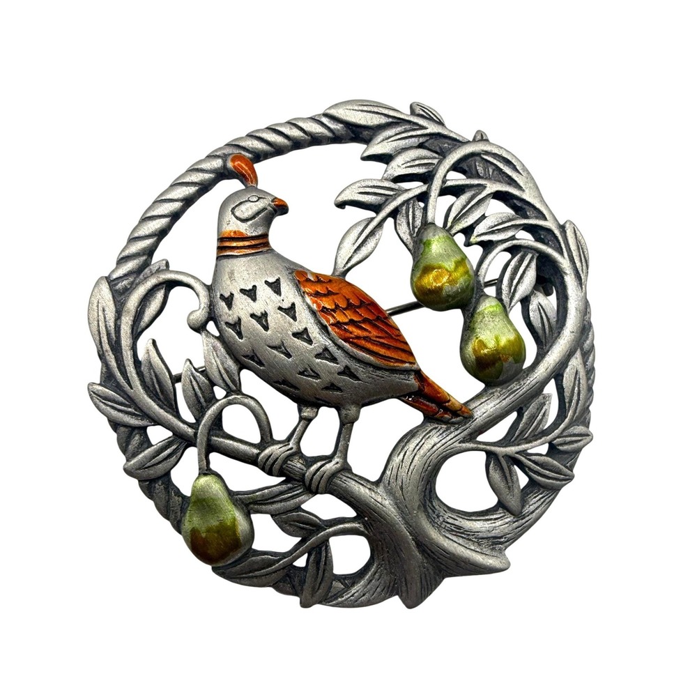 JJ Jonette Partridge Pear Tree Brooch Bird Pewter Enamel Vintage Pin